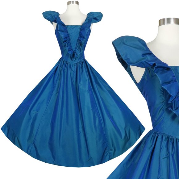 Vintage 80s Gunne Sax Blue Ruffle Taffeta Full Skirt Prom Party Dress M Medium - Picture 1 of 9